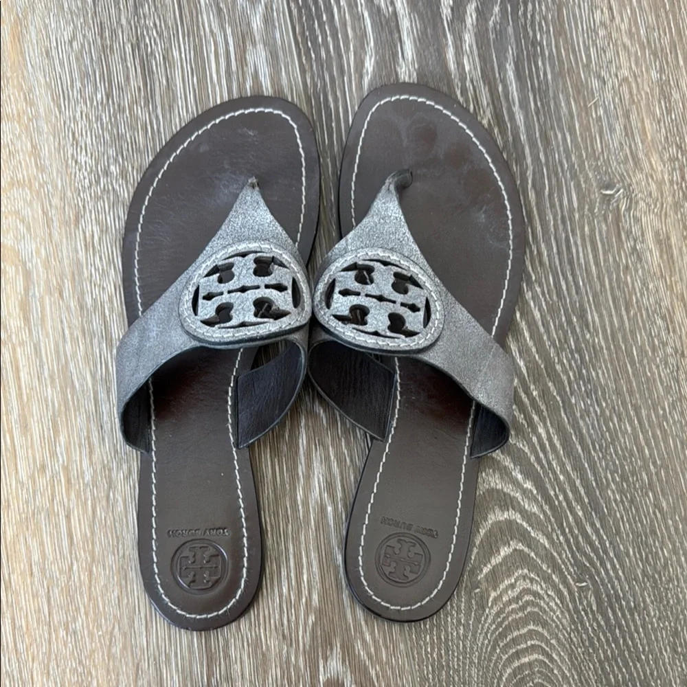 Tory Burch Silver Metallic Logo Thong Sandals